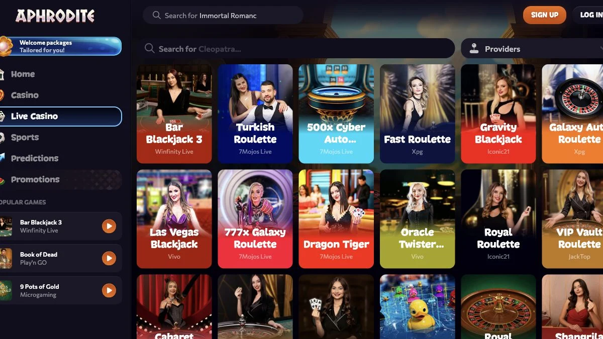Aphrodite live casino med bord og leverandørfilter