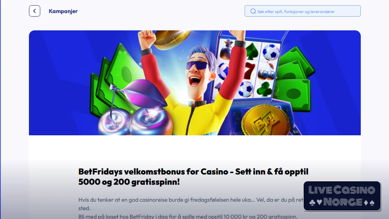 BetFriday casino velkomstbonus med no-sticky bonus opptil 5000 kr