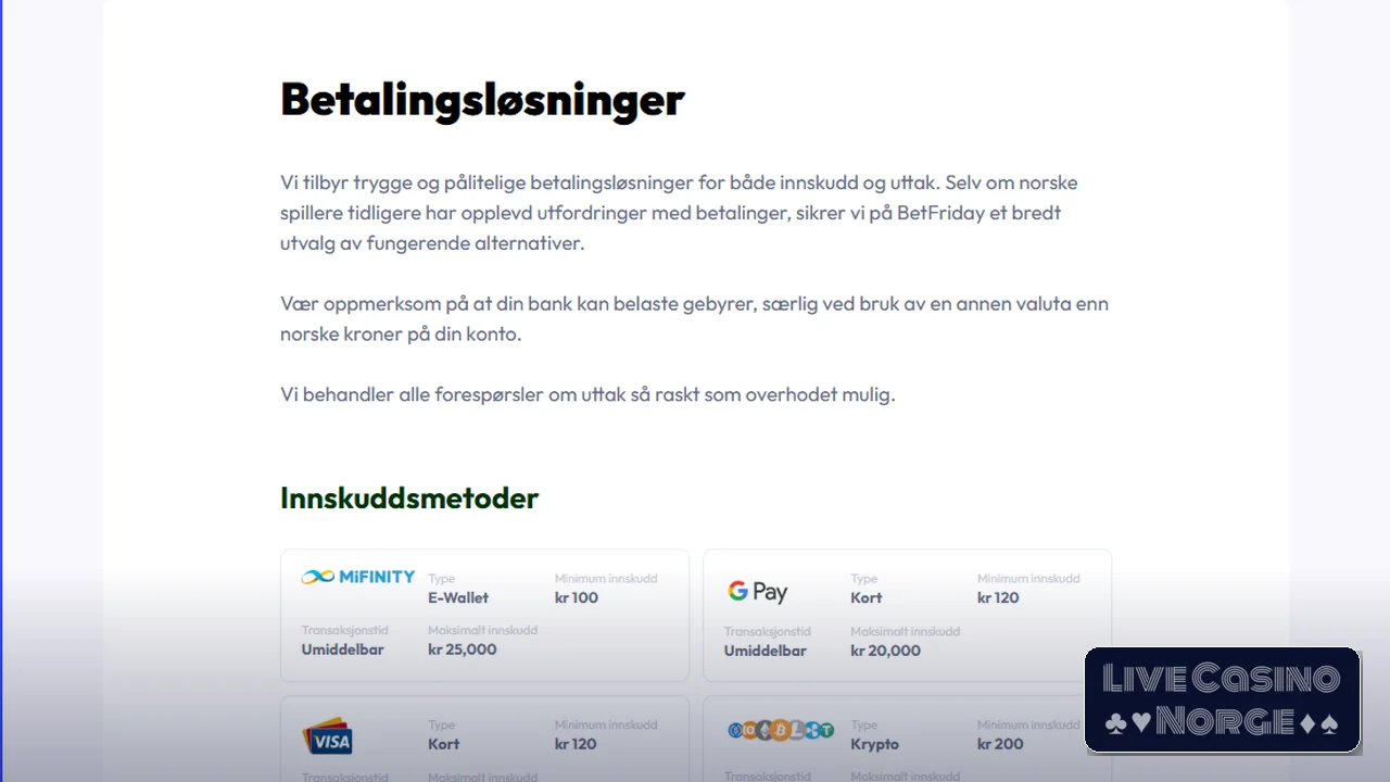 BetFriday betalingsmetoder med kort, MiFinity, Apple Pay, Google Pay og krypto