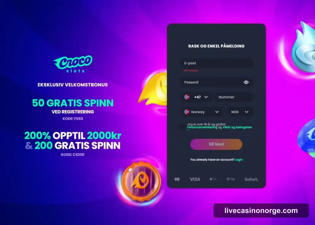 Crocoslots Casino forside hos Live Casino Norge