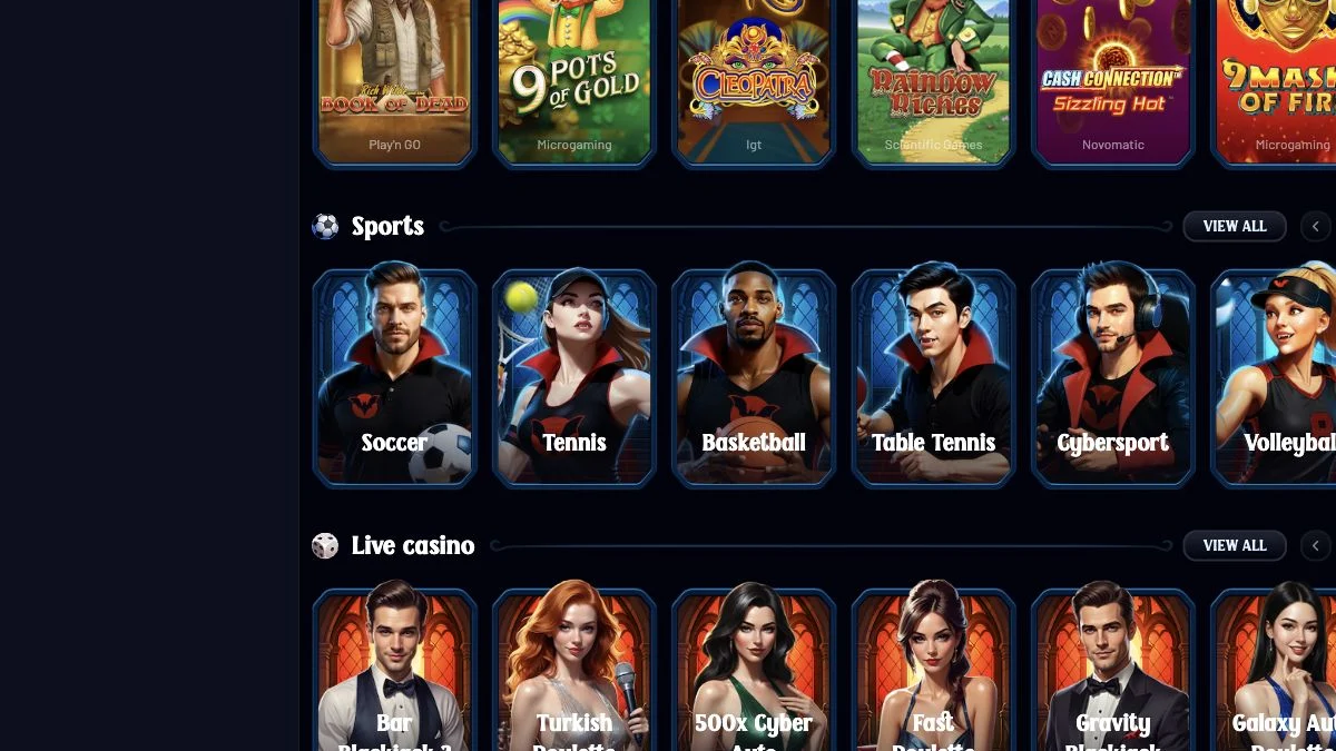 Dracula forside med inngang til casino og live casino