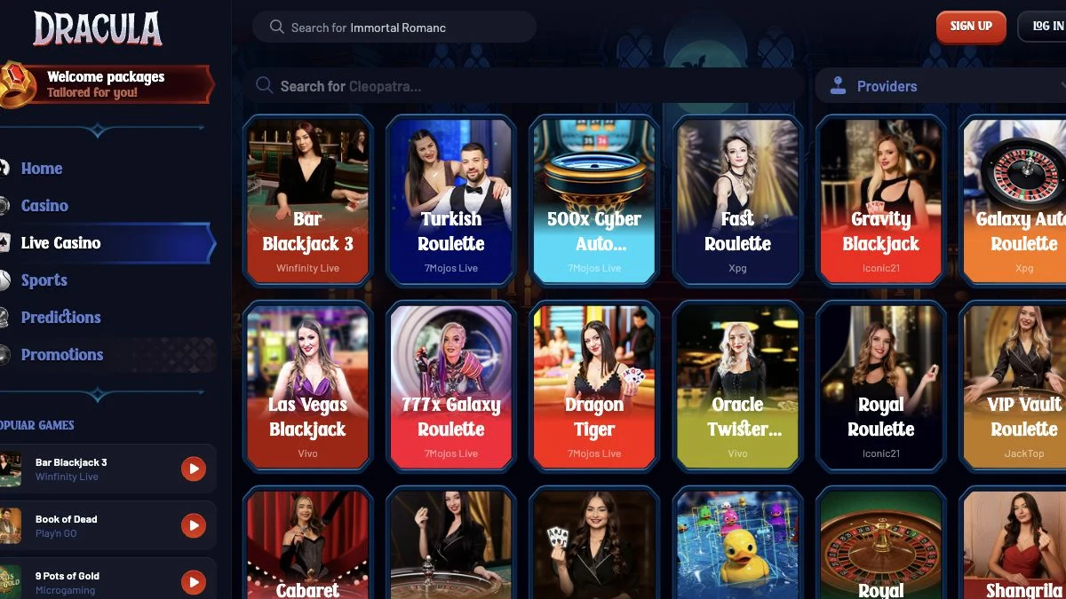 Dracula live casino med bord og leverandørfilter