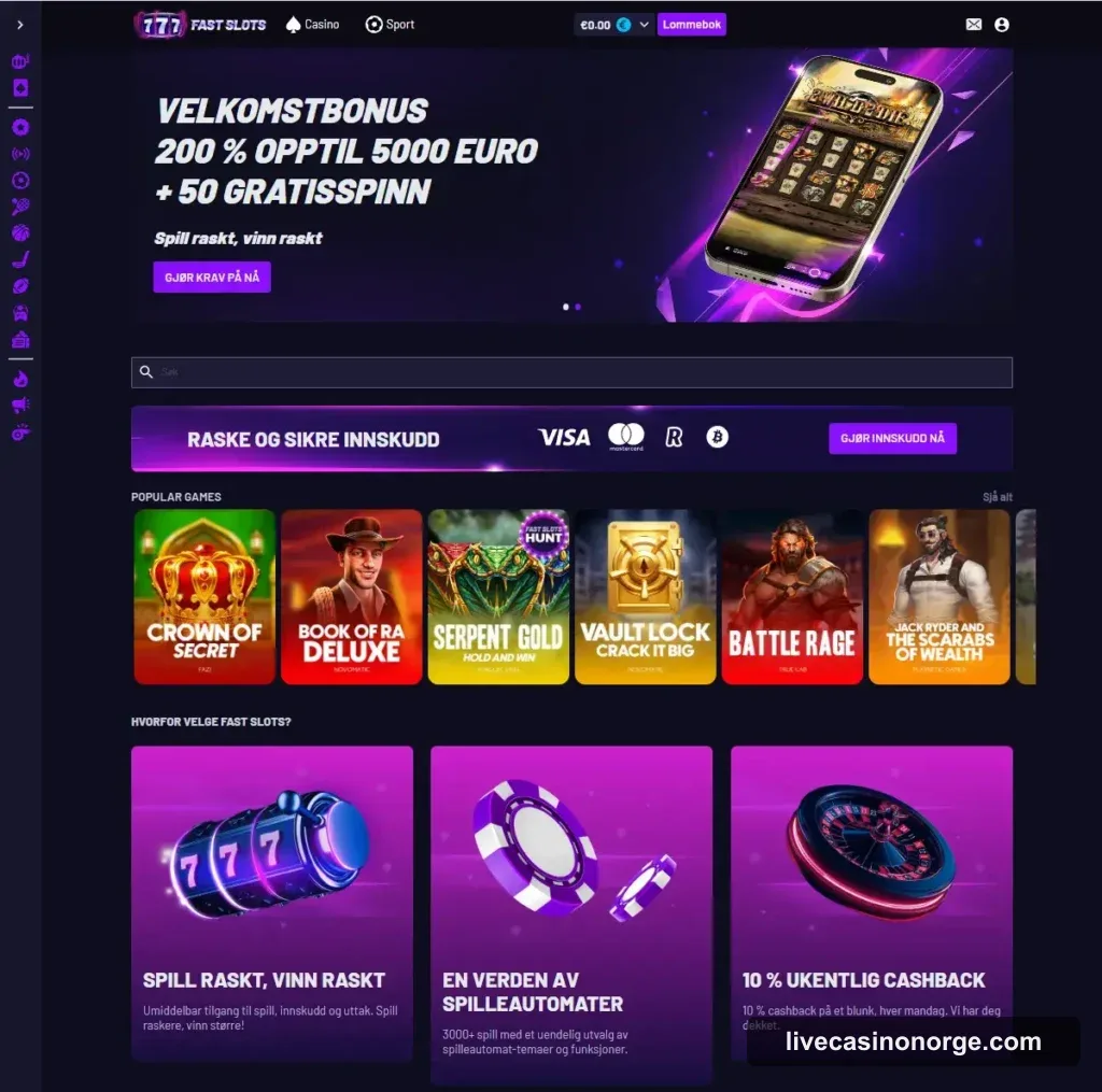 Fastslots Casino forside hos Live Casino Norge
