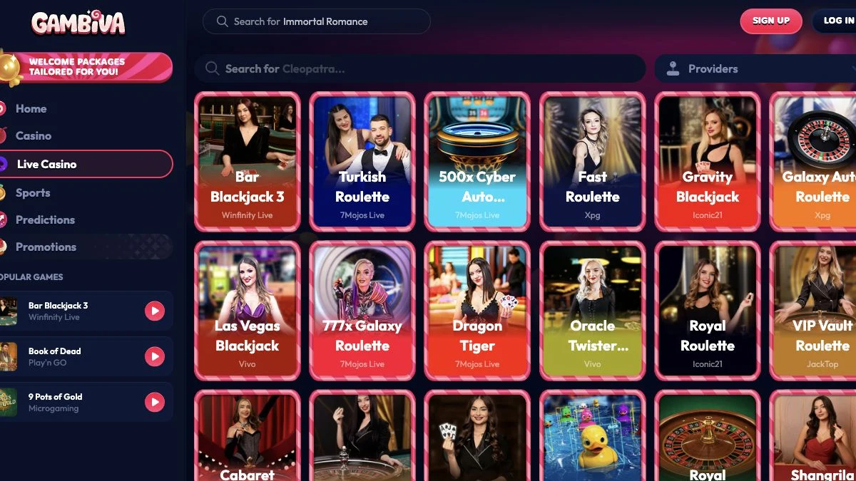 Gambiva live casino med bord og leverandørfilter