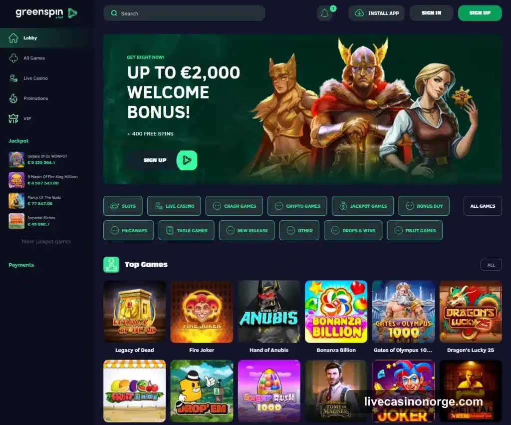 GreenSpin Casino forside hos Live Casino Norge