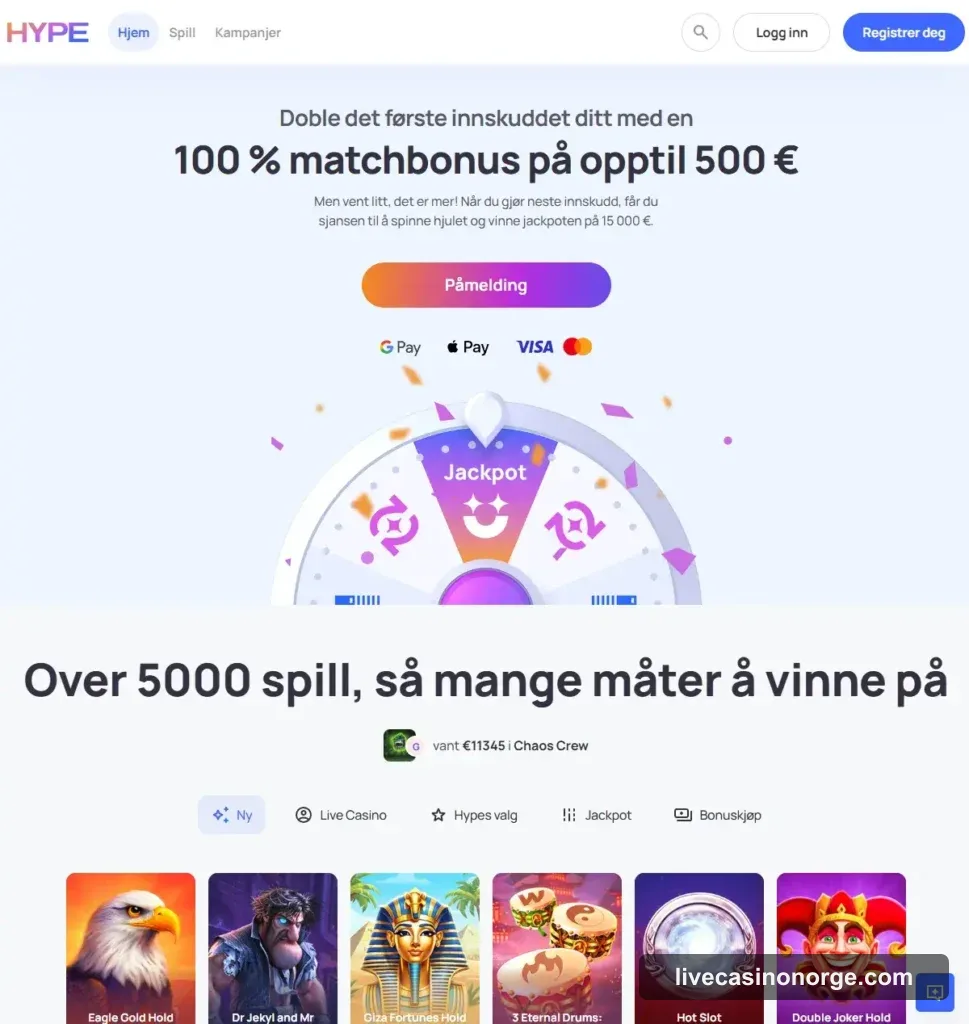 Hype Kasino forside hos Live Casino Norge