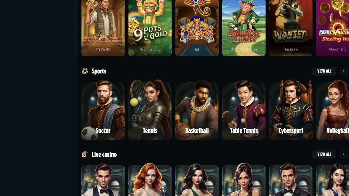 Kingdom Casino forside med inngang til casino og live casino