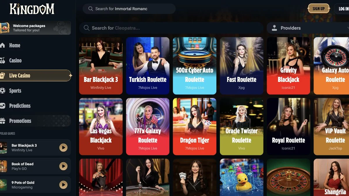 Kingdom Casino live casino med bord og leverandørfilter