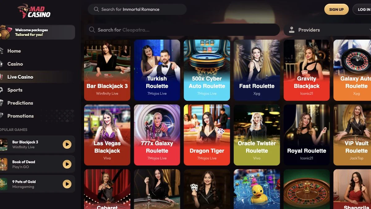 Mad Casino live casino med bord og leverandørfilter