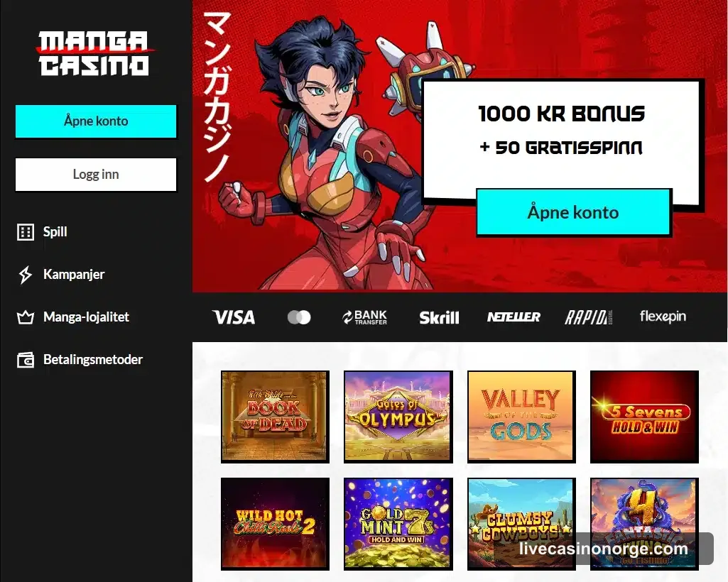 Manga Casino forside hos Live Casino Norge