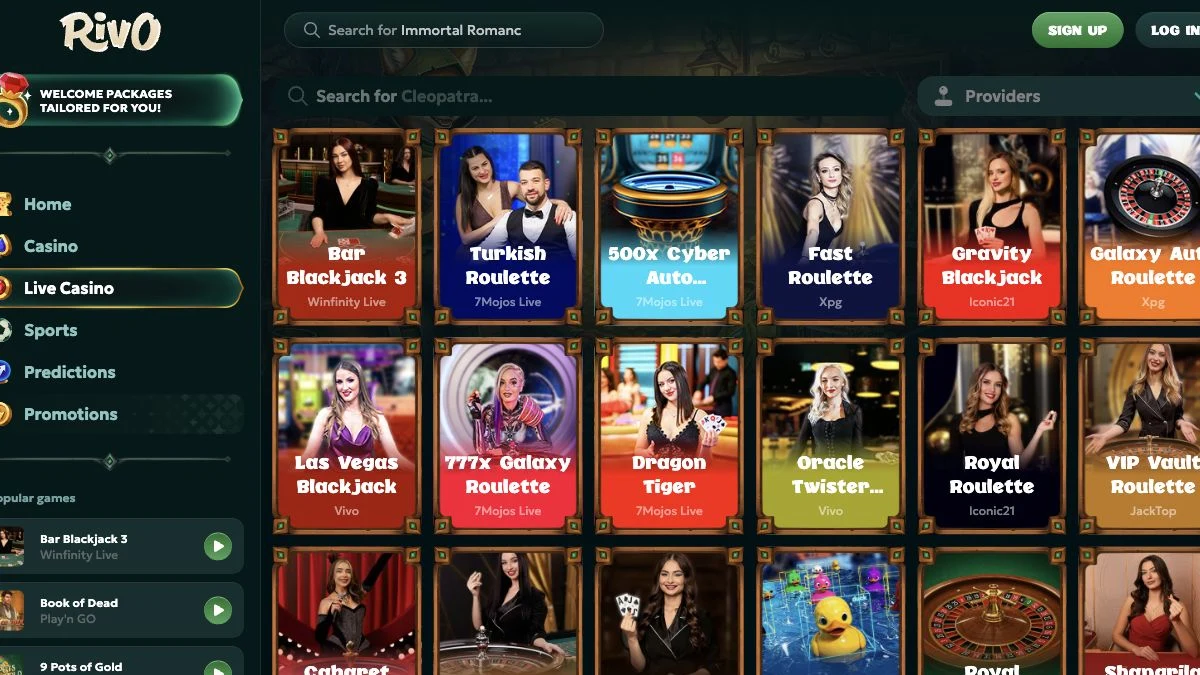 Rivo live casino med bord og leverandørfilter