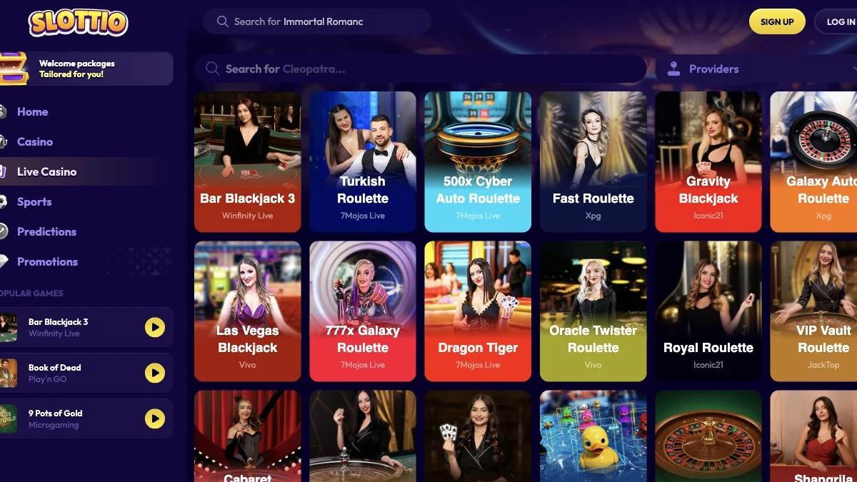 Slottio live casino med bord og leverandørfilter