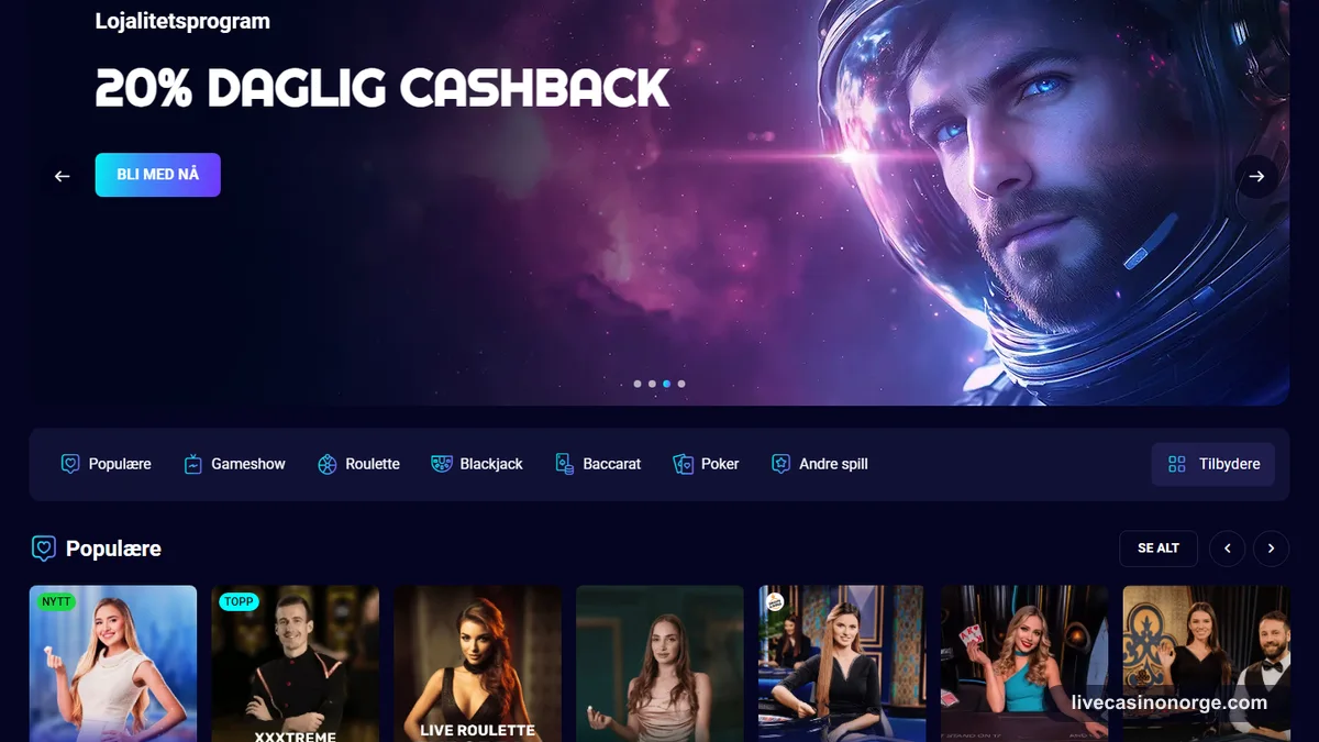 Spinjo live casino med roulette blackjack baccarat og gameshow