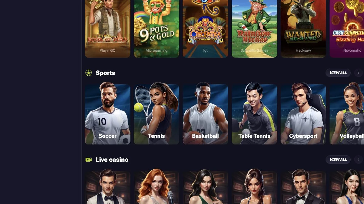 TenoBet forside med inngang til casino og live casino