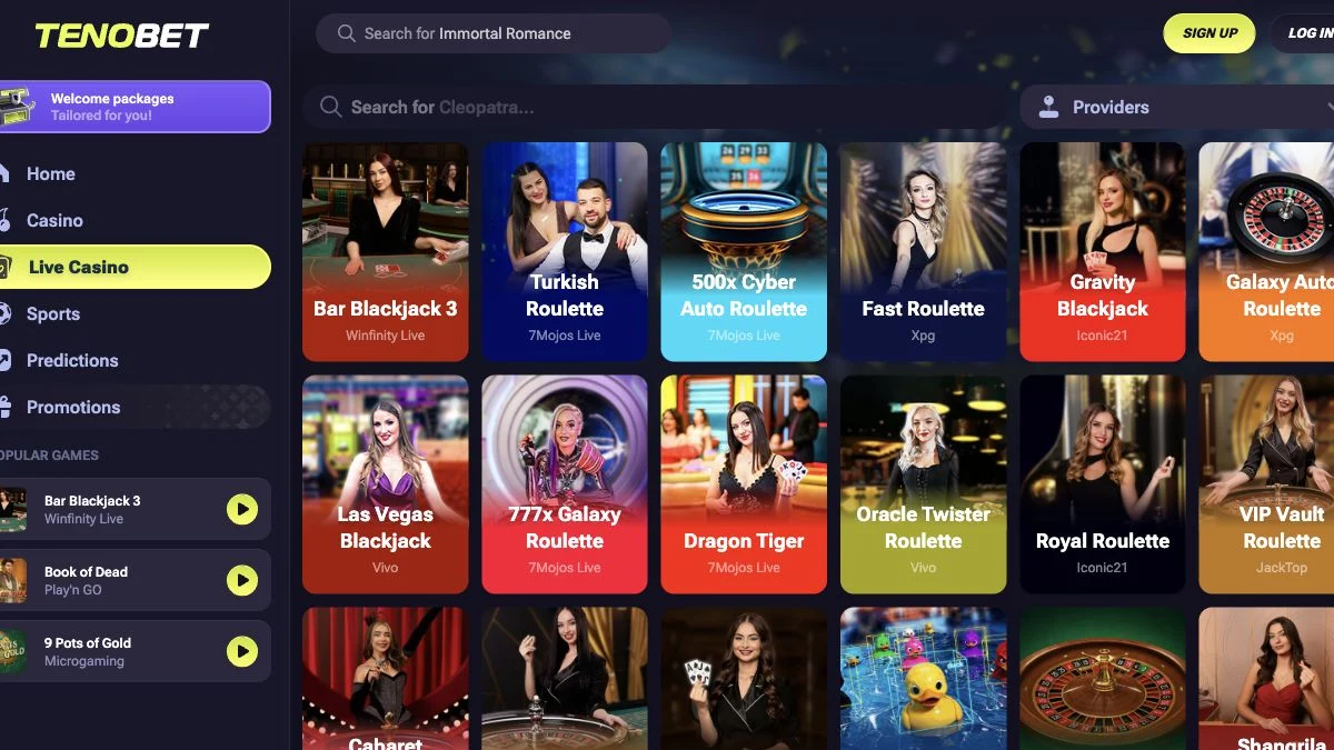 TenoBet live casino med bord og leverandørfilter