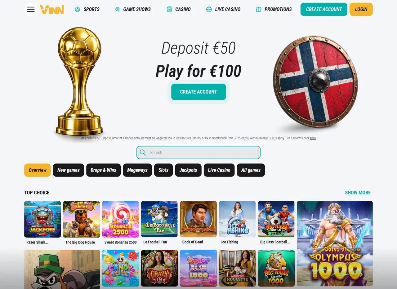 Vinn Casino casinoforside med slots, jackpots og live casino kategori