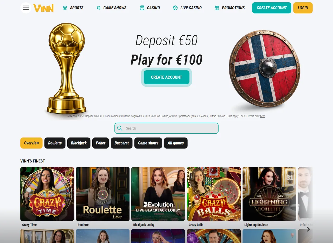Vinn Casino live casino lobby med roulette, blackjack og game shows