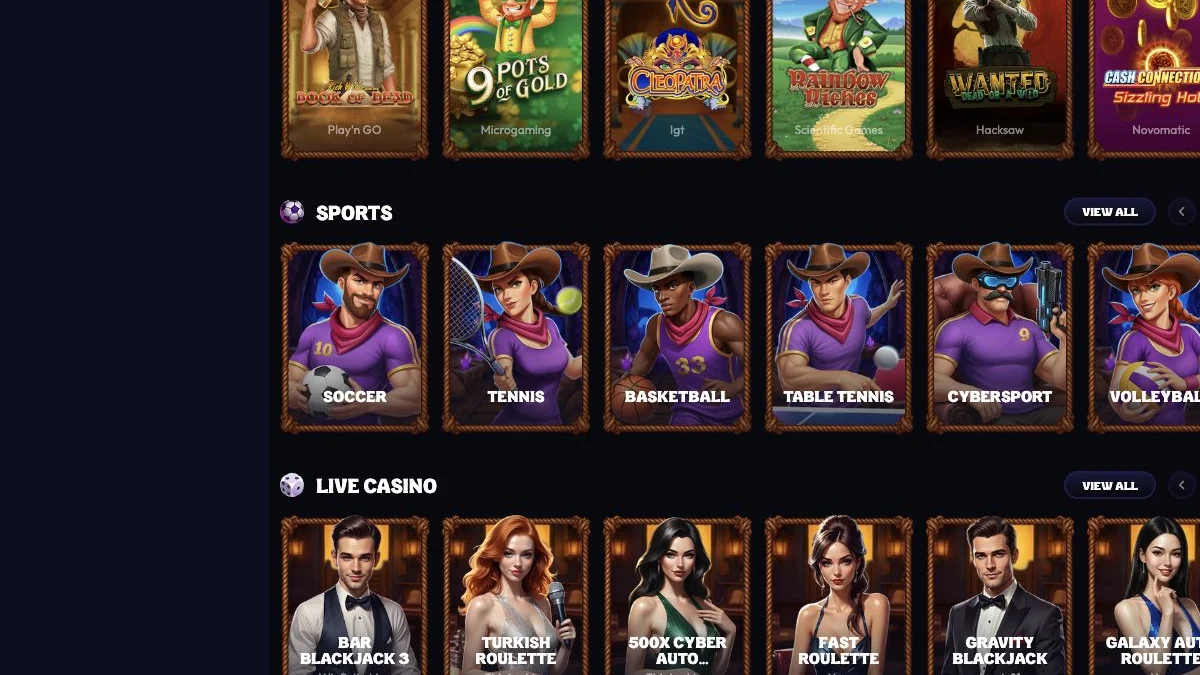Wildzy forside med inngang til casino og live casino