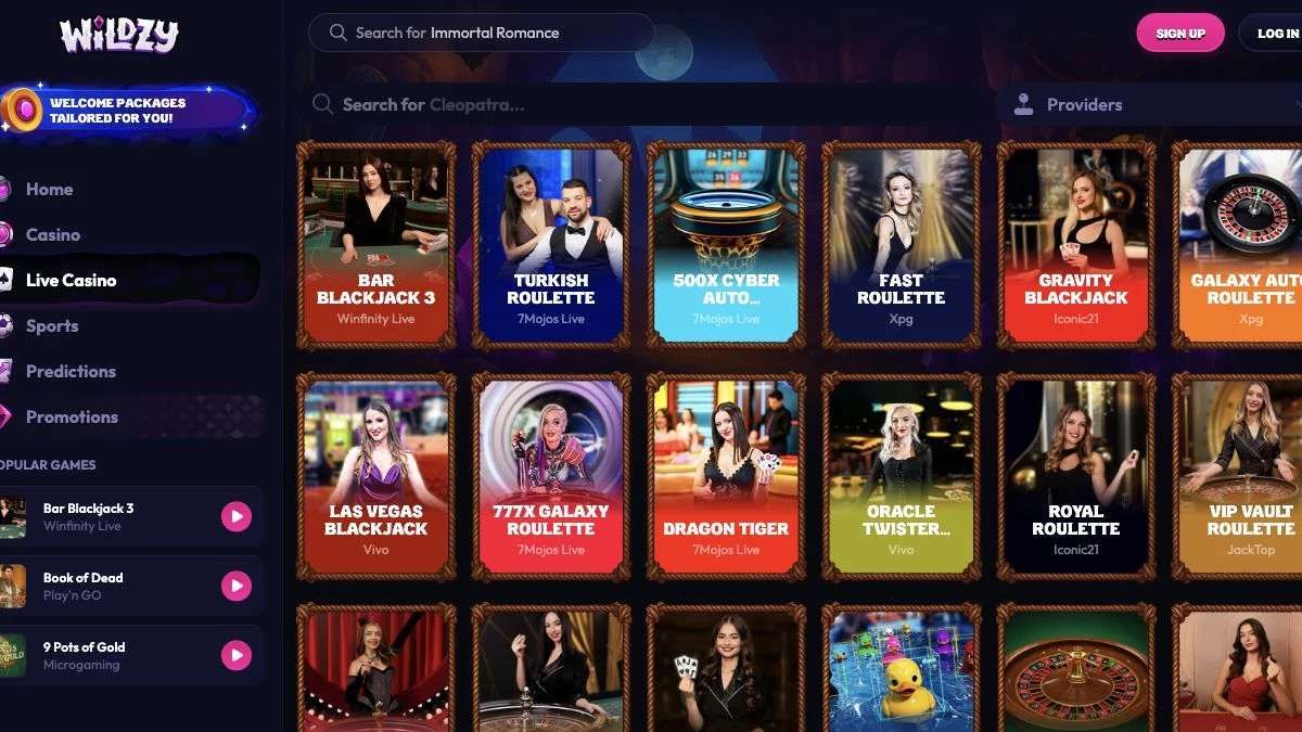 Wildzy live casino med bord og leverandørfilter