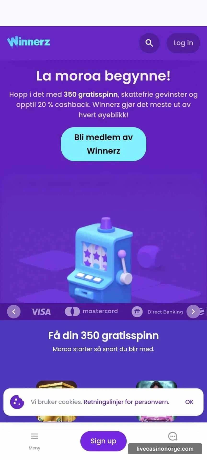 Winnerz forside hos Live Casino Norge