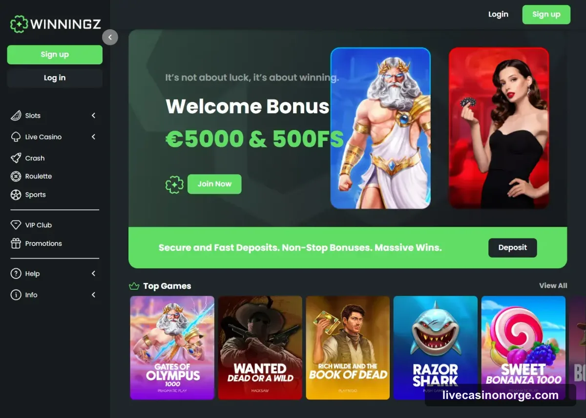 Winningz Casino forside hos Live Casino Norge