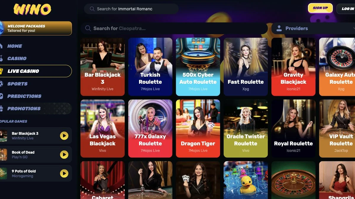 Wino live casino med bord og leverandørfilter