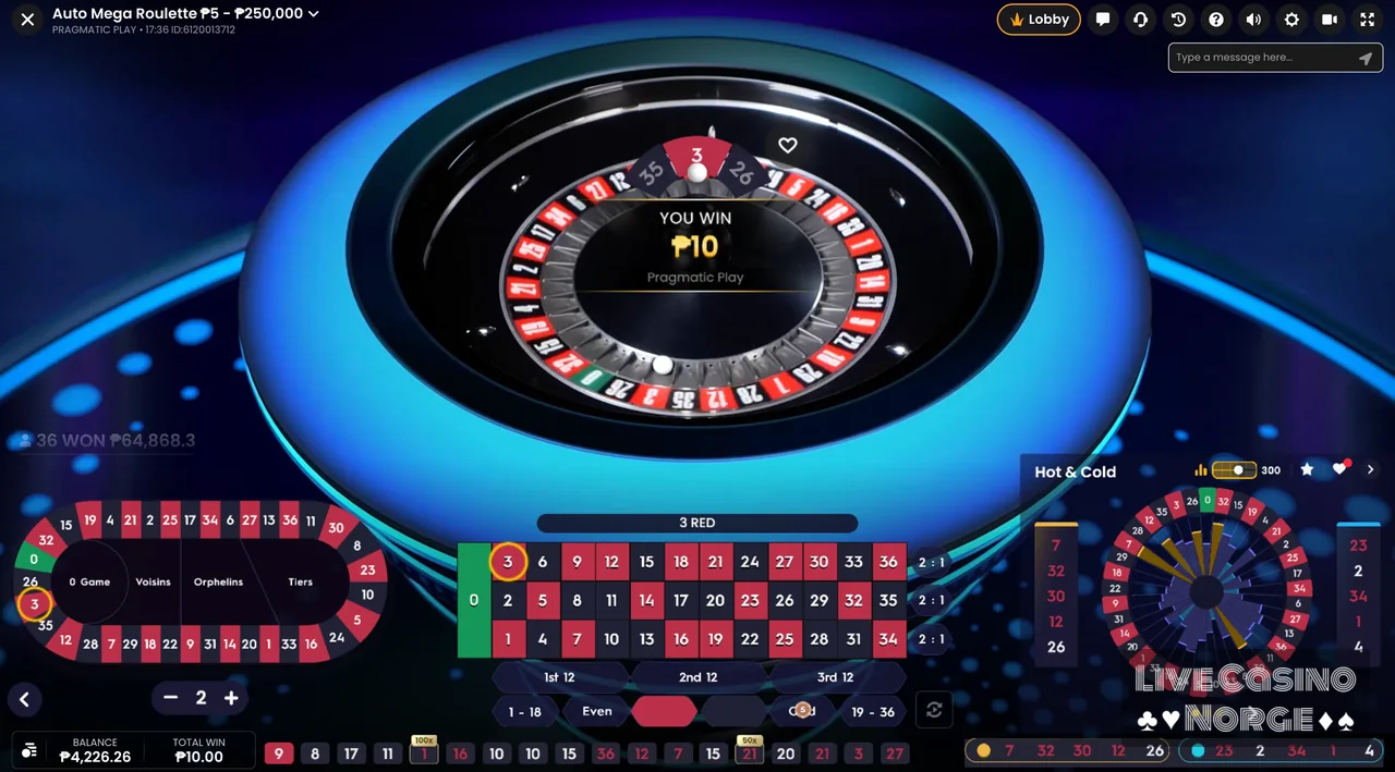 Auto Mega Roulette - Resultatet presenteres med historikk og multiplikatorstatus.