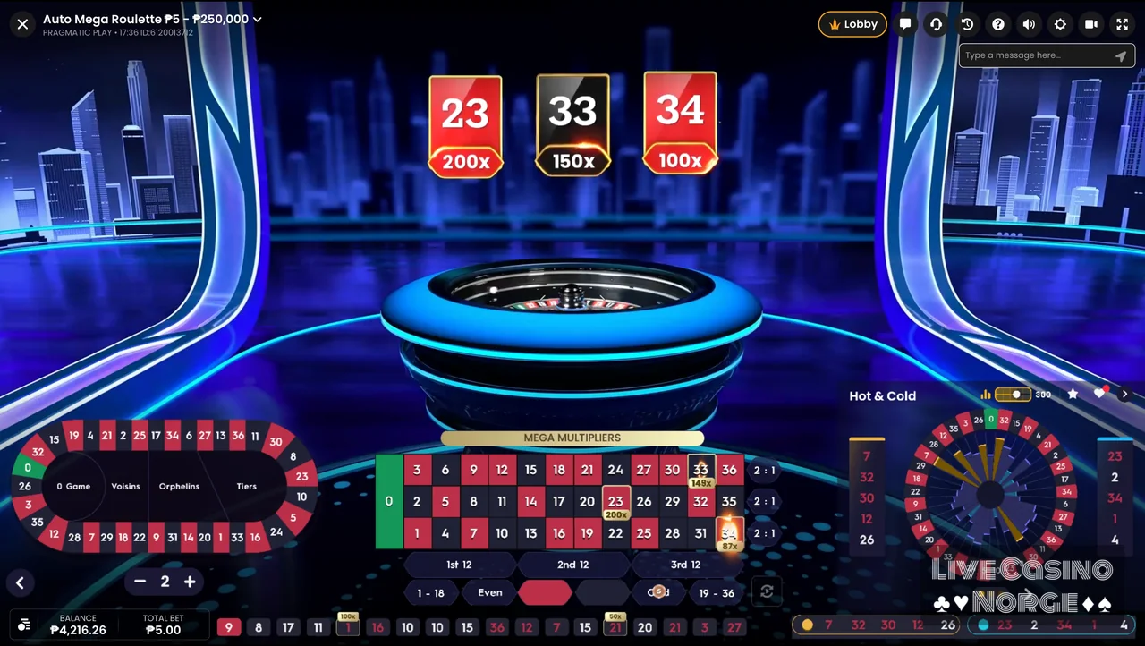 Auto Mega Roulette - Mega-multiplikatorene vises før hjulet stopper.