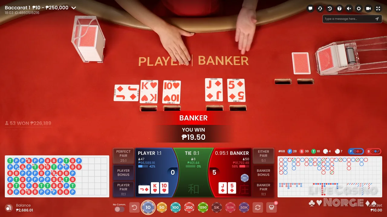 Baccarat - Resultat og historikk vises tydelig i grensesnittet.