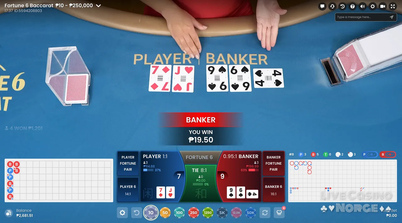 Fortune 6 Baccarat - Sideinnsatser og resultat vises etter runden.