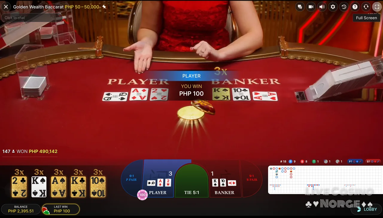 Golden Wealth Baccarat - Resultat og gevinst vises etter avgjort hånd.