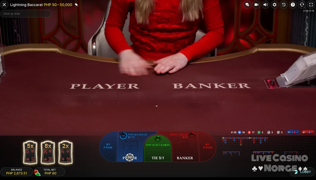 Lightning Baccarat - Utvalgte Lightning-kort får multiplikatorer.