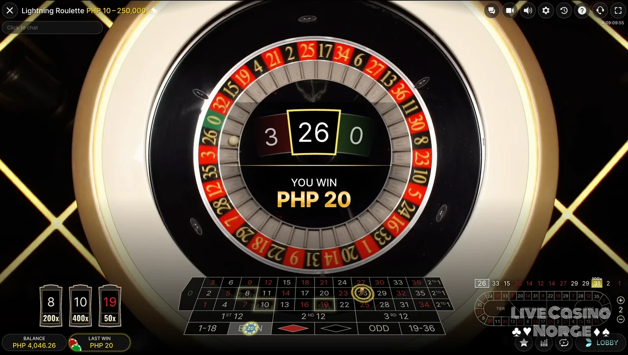 Lightning Roulette - Runden avsluttes med tydelig resultat og gevinstvisning.