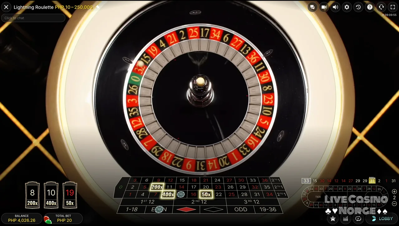 Lightning Roulette - Lightning Roulette spilles med live dealer og europeisk hjul.