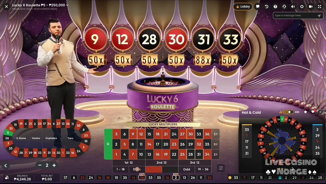 Lucky 6 Roulette - Lucky 6-multiplikatorer kan velges på utvalgte nummer.