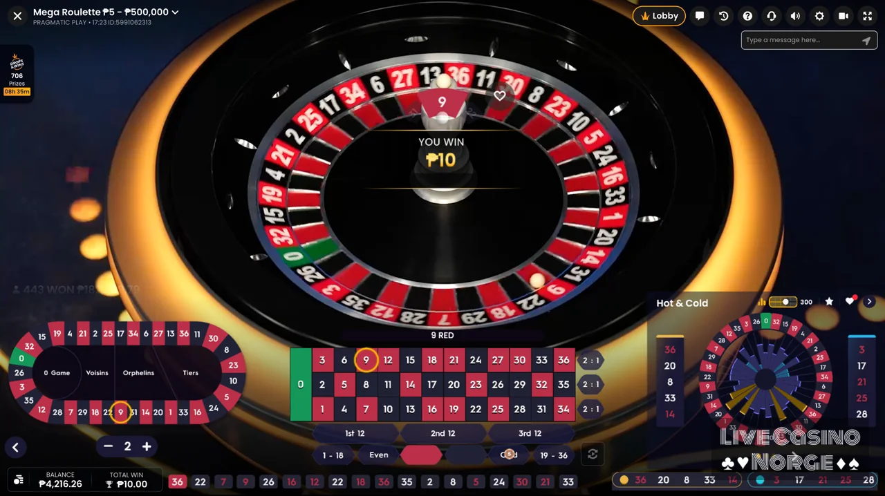 Mega Roulette - Resultat, historikk og multiplikatorer vises etter runden.