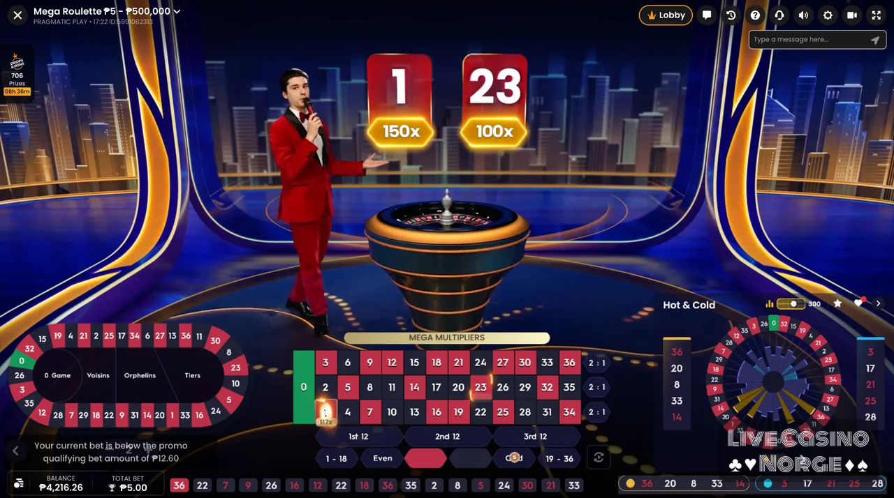 Mega Roulette - Mega-multiplikatorer trekkes før resultatet avgjøres.