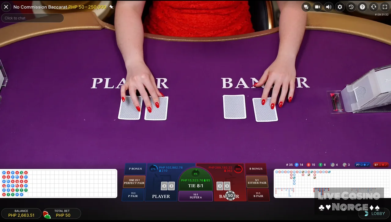 No Commission Baccarat - Evolution-dealeren deler baccaratkort uten vanlig banker-provisjon.