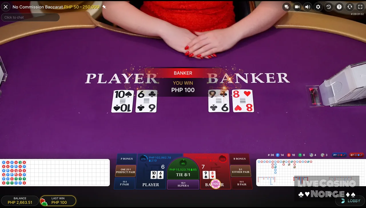 No Commission Baccarat - Resultatet viser hvordan no commission-regelen påvirker utbetalingen.