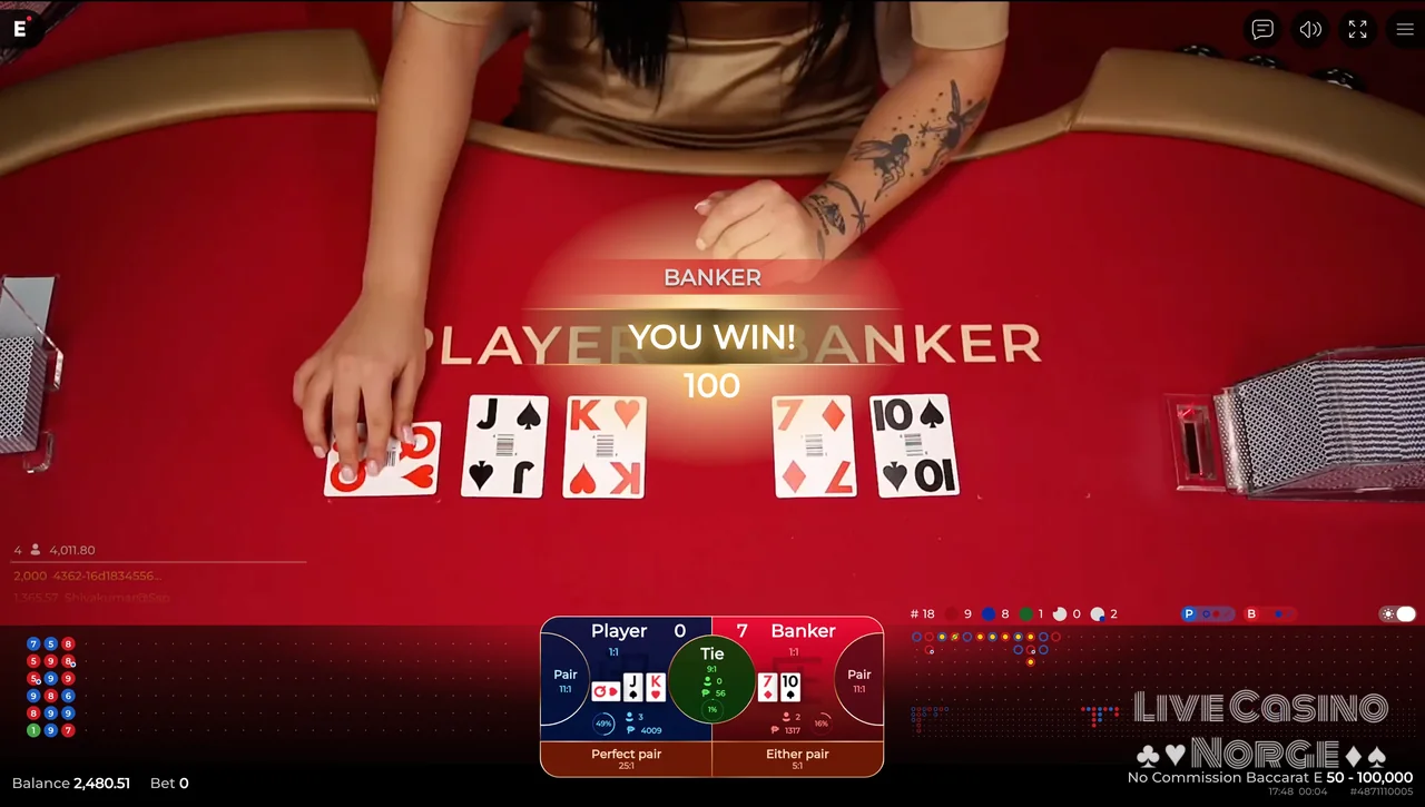 No Commission Baccarat - Resultatvisning etter avgjort baccarat-hånd.