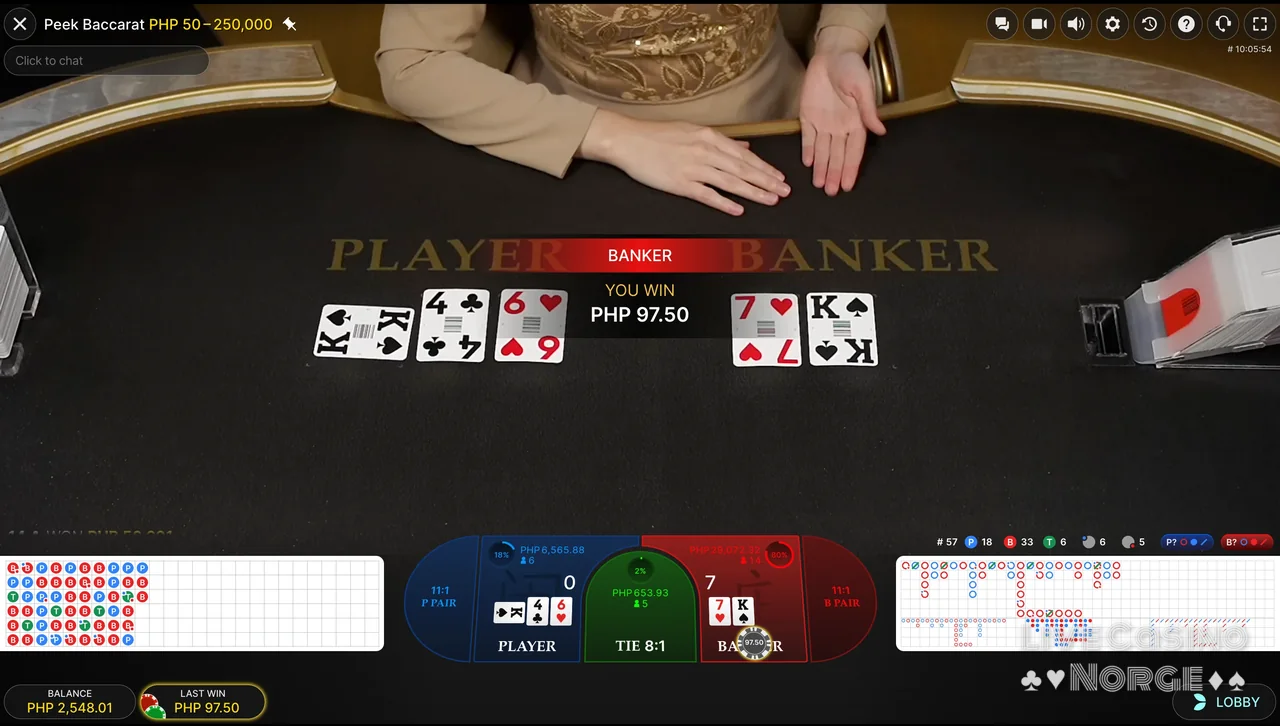 Peek Baccarat - Resultatvisning og historikk etter avgjort hånd.