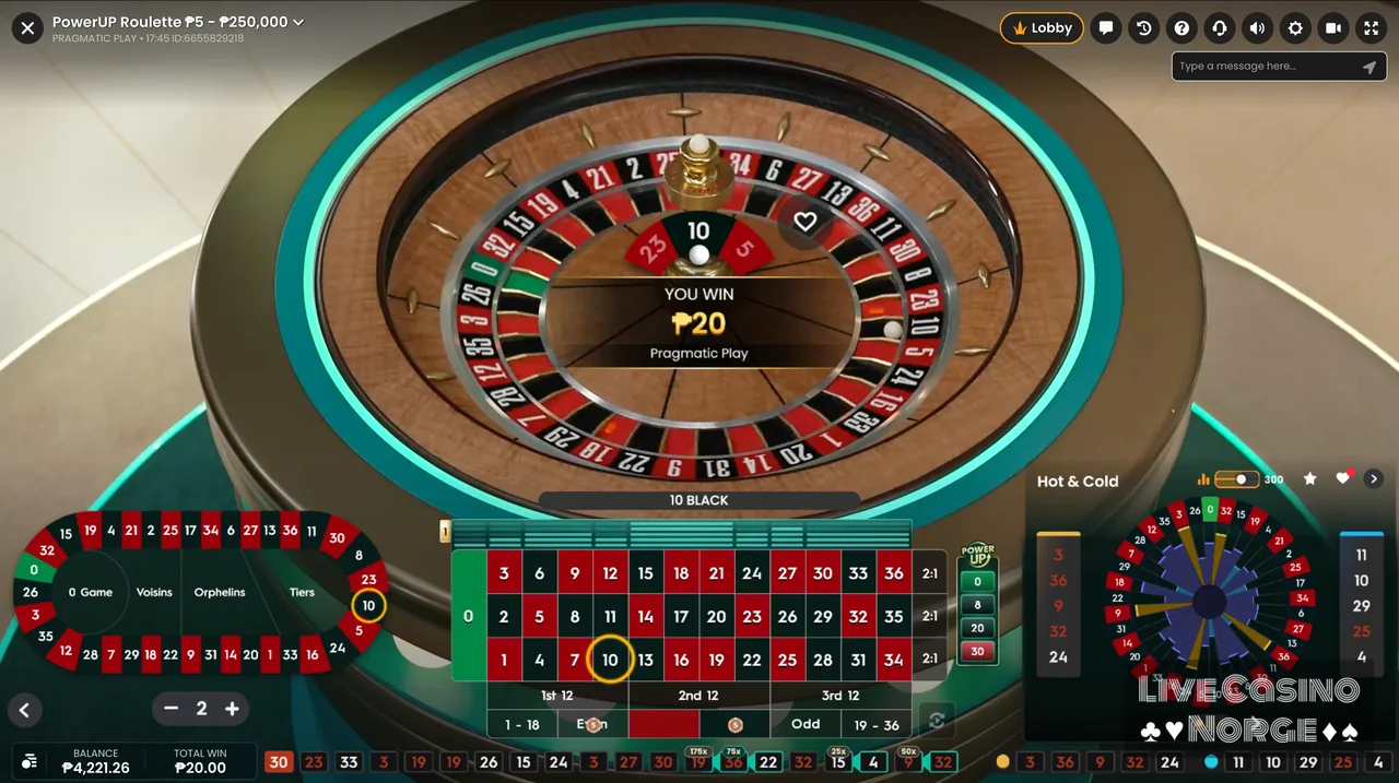 PowerUP Roulette - Runden avsluttes med tydelig resultat og gevinstvisning.