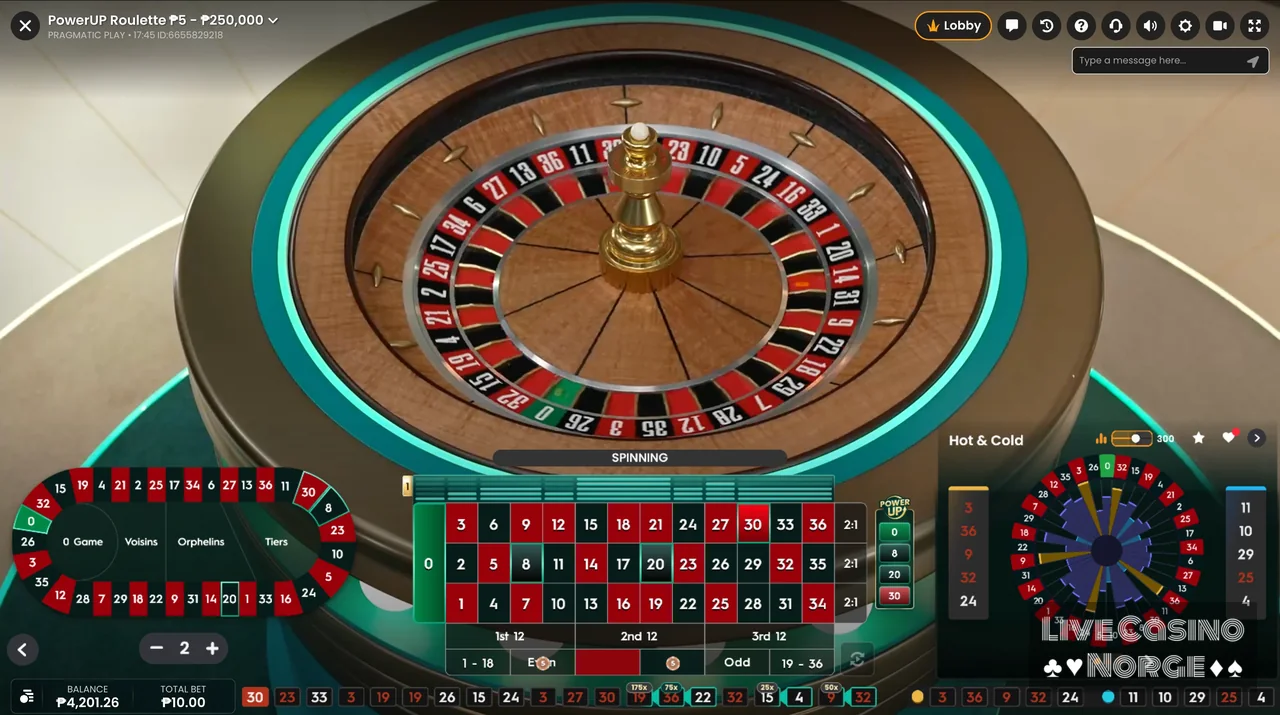 PowerUP Roulette - Roulettehjulet spinnes i et moderne Pragmatic-studio.