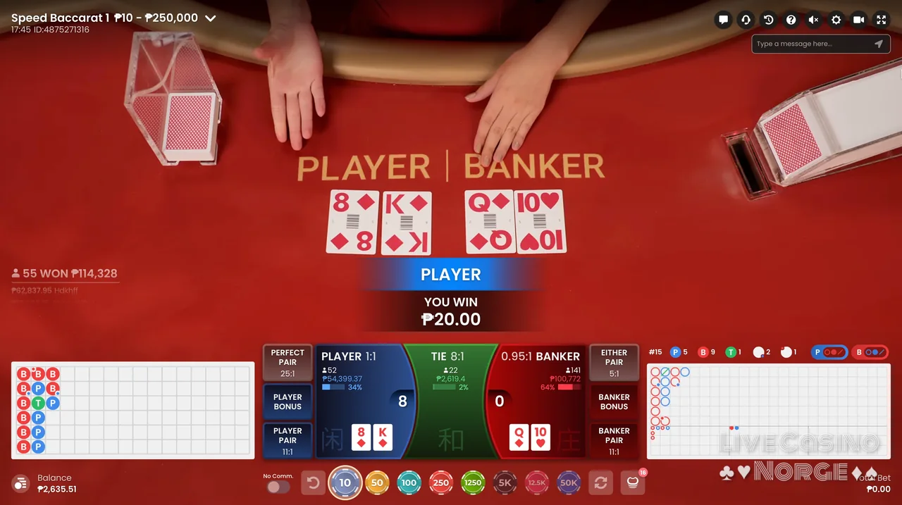 Speed Baccarat - Resultatet vises med tydelig historikk og bordstatus.