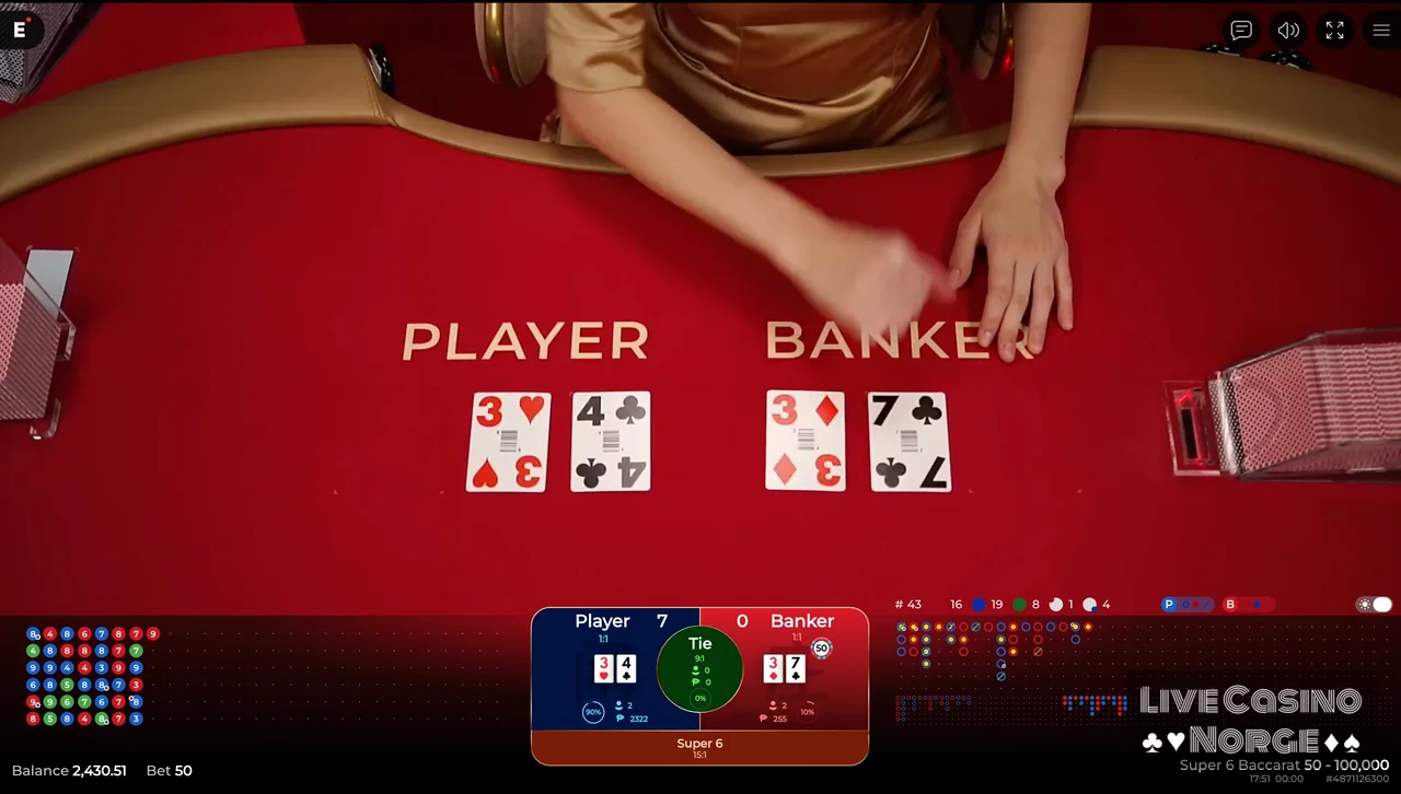 Super 6 Baccarat - Ezugi-dealeren deler kort i Super 6 Baccarat.