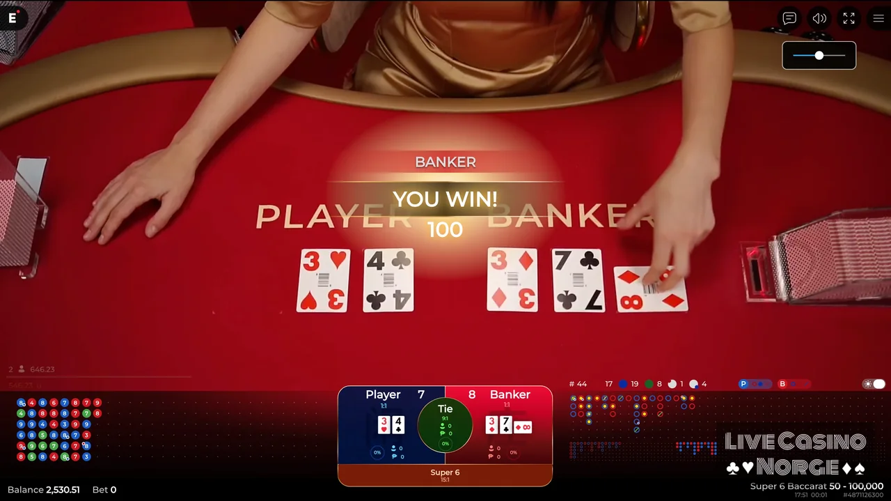 Super 6 Baccarat - Super 6-resultat og hovedutfall vises etter runden.