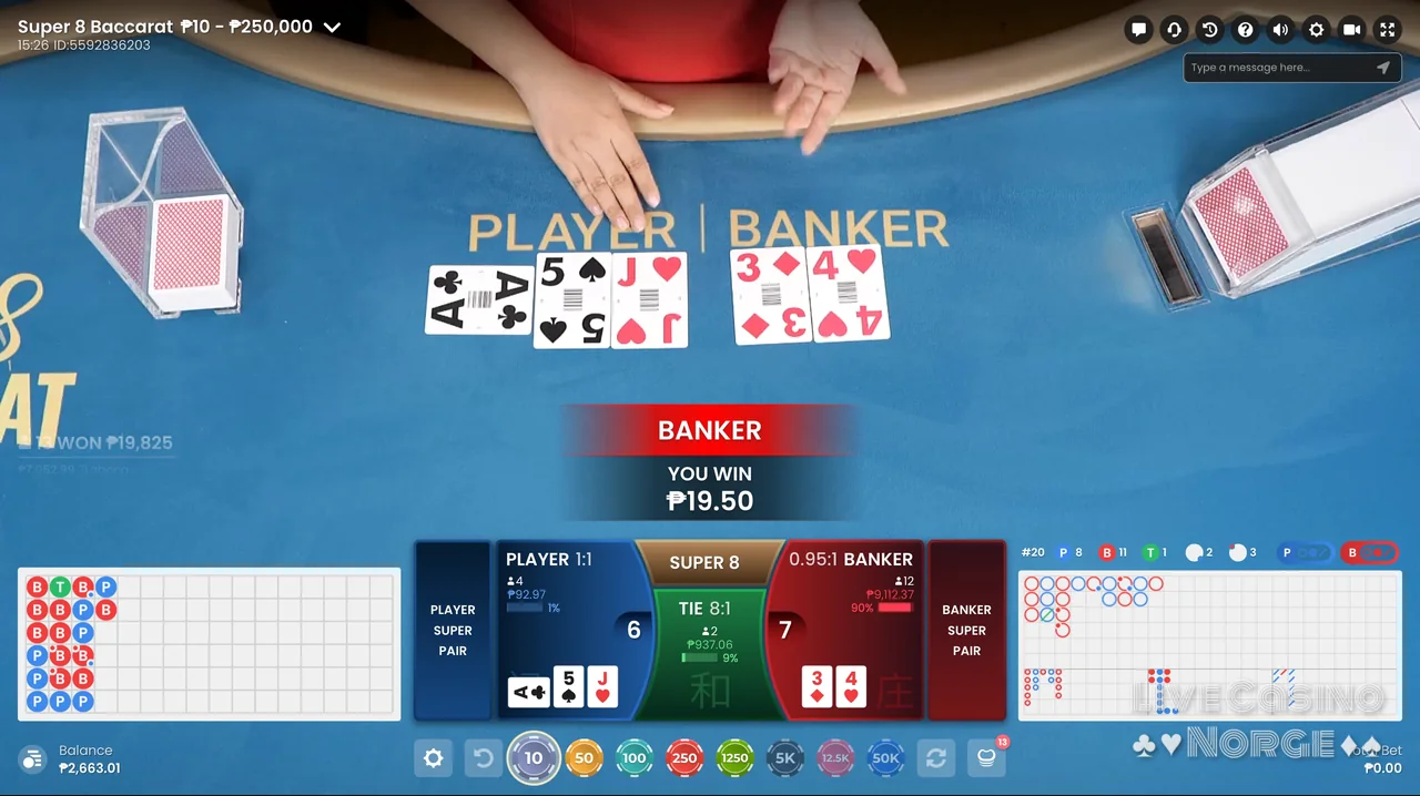 Super 8 Baccarat - Resultatet og sidebettene vises etter runden.