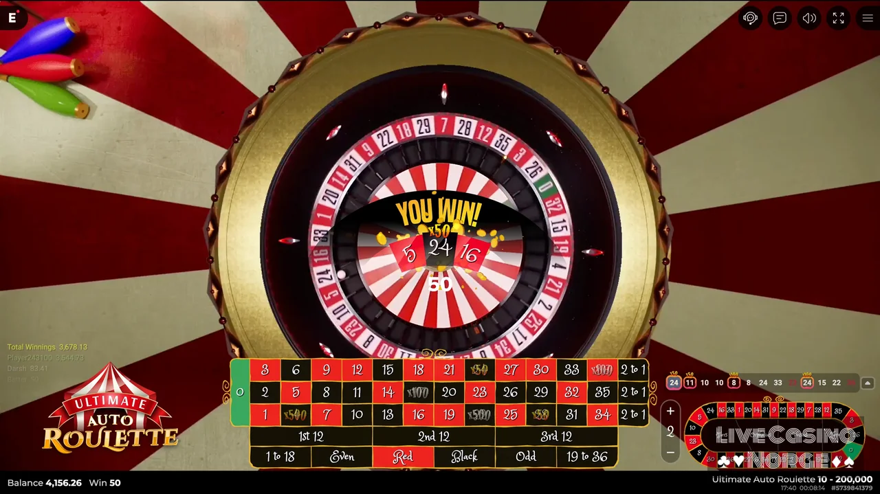 Ultimate Auto Roulette - Resultatet vises med tydelig historikk og multiplikatorstatus.