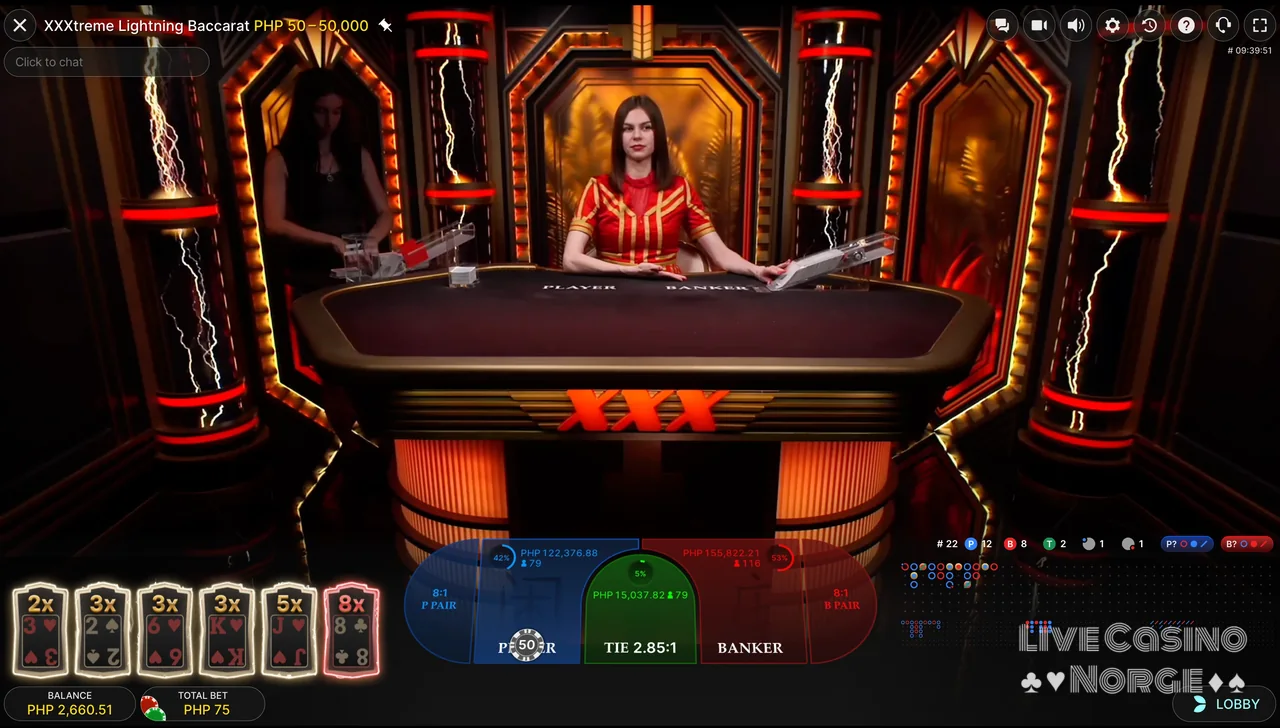 XXXtreme Lightning Baccarat - Lightning-multiplikatorer kan gi langt høyere utbetalinger.