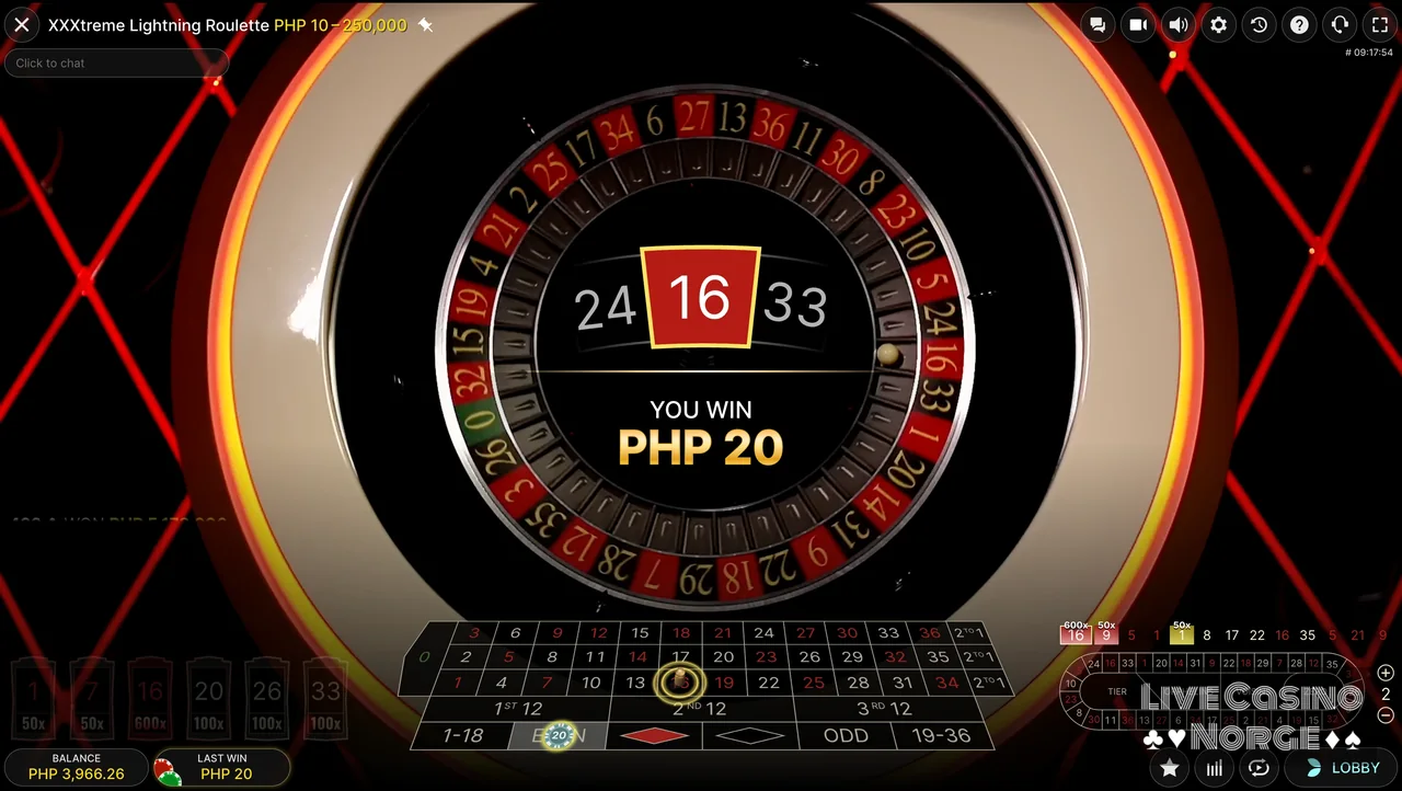 XXXtreme Lightning Roulette - Resultatet viser både nummer og eventuell Lightning-gevinst.